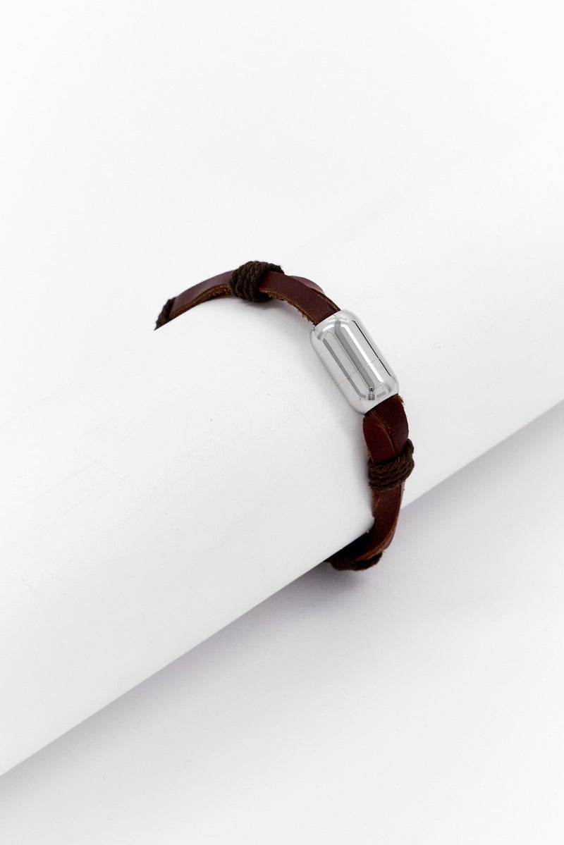 Steeltime Men Genuine Leather Bracelet Stainless Steel With Magnetic Closure, Brown - Image 1